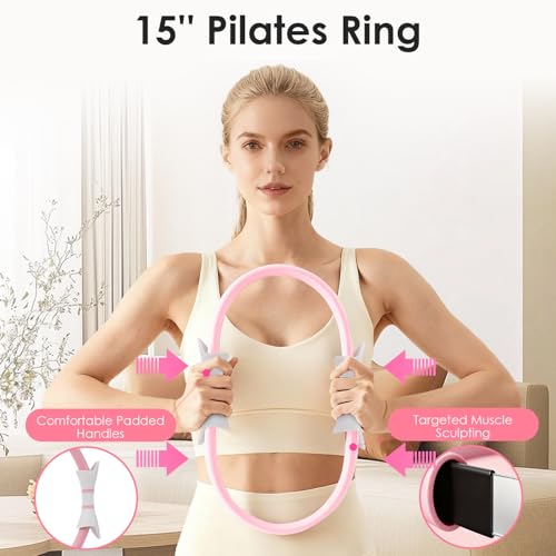 MIELIA 16 PCS Pink Pilates Ring and Ball Set for Women with 15" Magic Circle, Home Pilates Equipment Kit with Adjustable 1LB Ankle Wrist Weight, Resistance Band, Gliding Discs, Pilates Essentials Accessories - Image 2