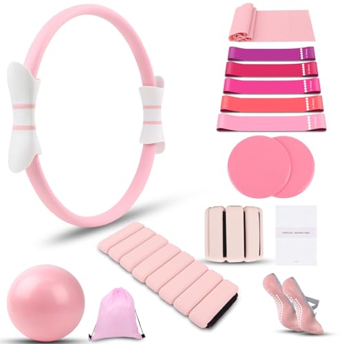 MIELIA 16 PCS Pink Pilates Ring and Ball Set for Women with 15" Magic Circle, Home Pilates Equipment Kit with Adjustable 1LB Ankle Wrist Weight, Resistance Band, Gliding Discs, Pilates Essentials Accessories - Image 1