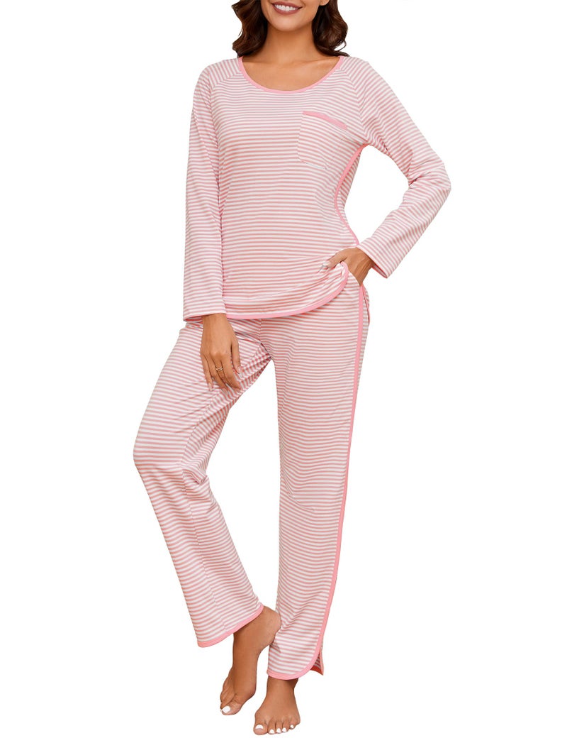 Namatime Womens Cotton Pajama Sets Stripe 2 Piece Lounge Set Long Sleeve Comfy Pj Sets Fall Loungewear Sleepwear with Pockets Ladies Sleep Wear 2025 Pink XL - Image 1