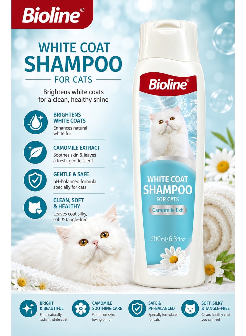 White Coat Shampoo for Cats with Natural Chamomile Extract - Premium Whitening and Brightening Formula for Persian and White Long-Hair Cats, 200ml Bottle