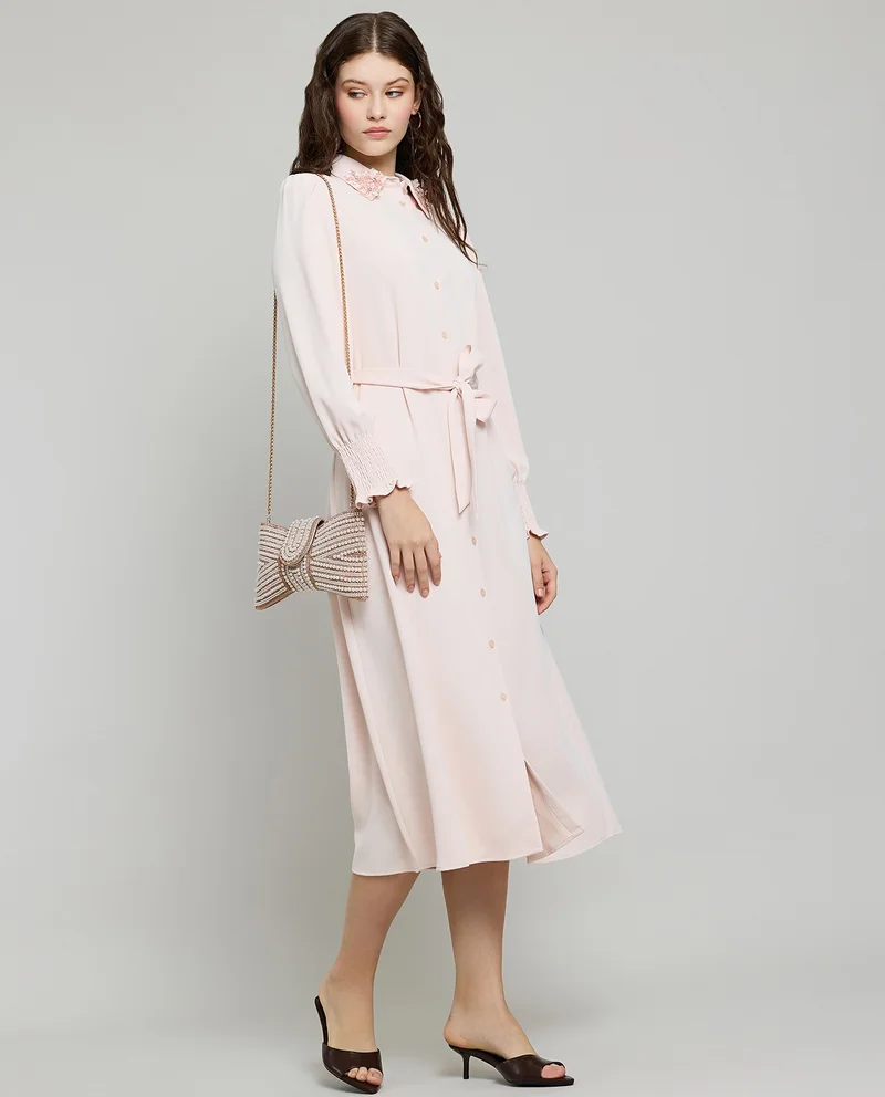 أر أند بي Embellished Collar Shirt Dress with Puff Sleeves