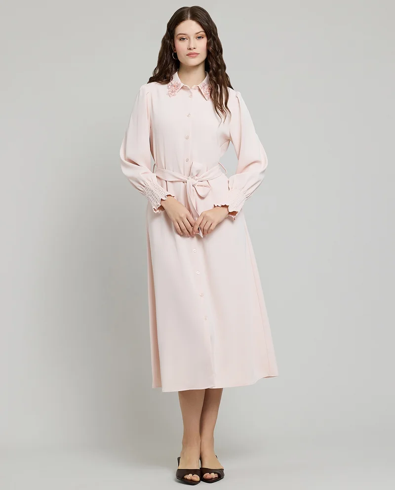 أر أند بي Embellished Collar Shirt Dress with Puff Sleeves