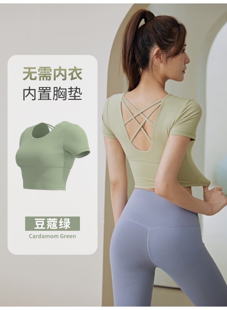 Women Cross Back Sports Shirts Round Neck Short Sleeve Yoga Crop Tops Fitness Gym Workout Sportswear Backless Slim Fit Tops  - Image 1