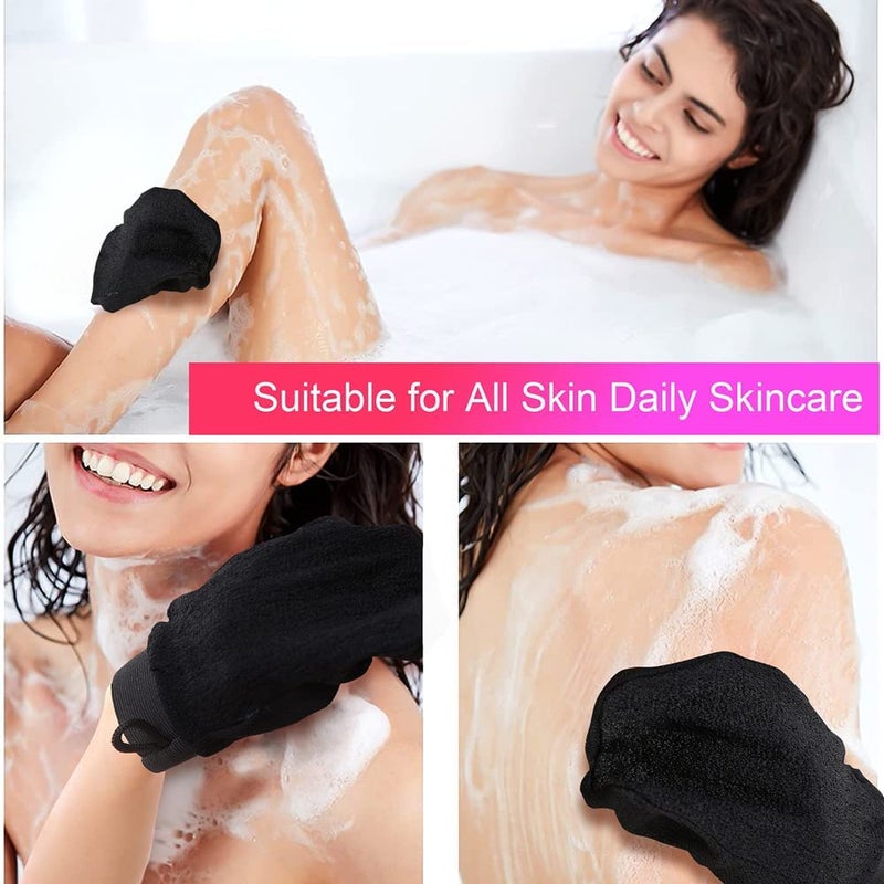 PULSBERY قفاز بلسبيري للتقشير/قفاز استحمام/قفاز فرك الجسم للتقشير للاستخدام في الدش والاستحمام - مزيل الجلد الميت للجسم والوجه - قفاز تقشير (أسود) (عبوة من 2) - Image 5