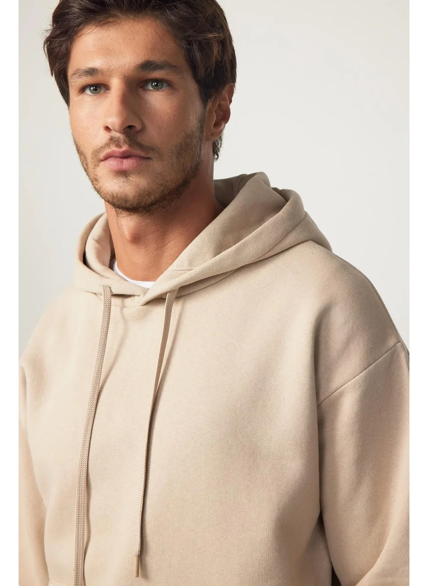 Tudors Oversize Wide Cut Cotton Soft Textured Polar Fleece Basic Beige Hooded Sweatshirt