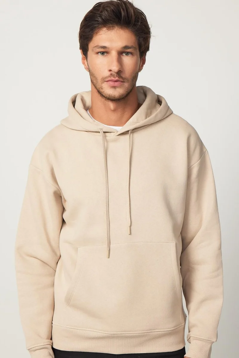 تودورس Oversize Wide Cut Cotton Soft Textured Polar Fleece Basic Beige Hooded Sweatshirt