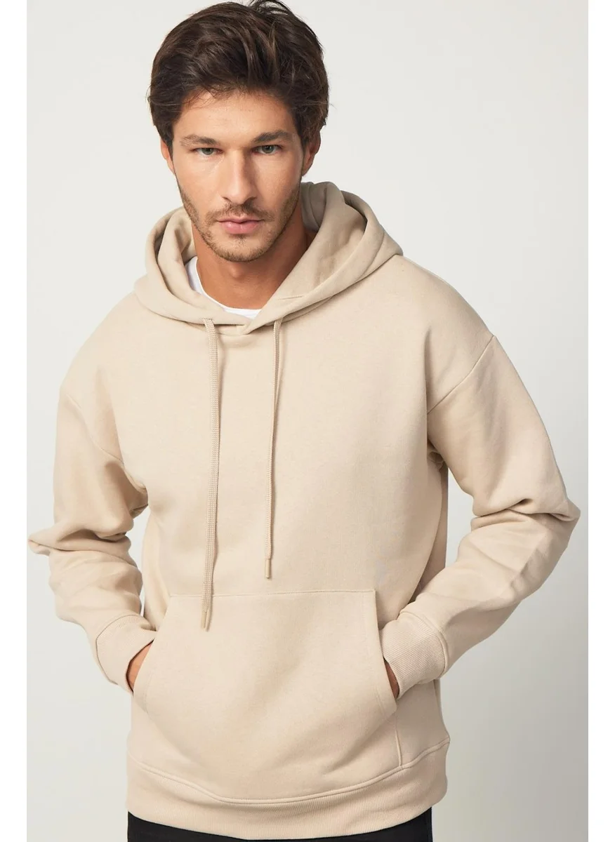 Tudors Oversize Wide Cut Cotton Soft Textured Polar Fleece Basic Beige Hooded Sweatshirt