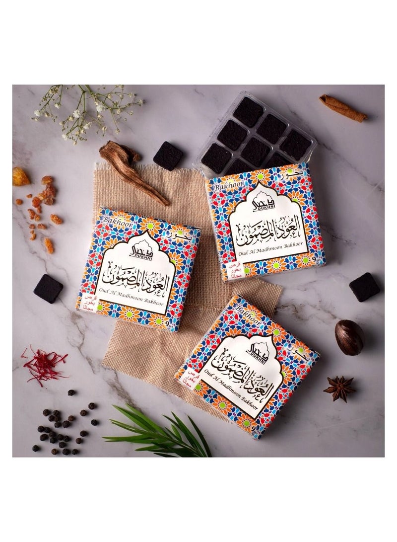 DUKHNI Oud Al Madhmoon Bakhoor  | 3 boxes x 9 Piece each | Arabic Bakhoor Incense | Fruity Floral Oud Blend | Perfect for Prayer Time | To Relax & Meditate - Image 1