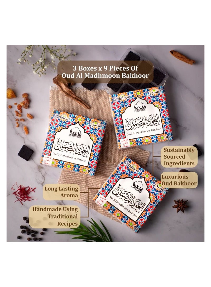 DUKHNI Oud Al Madhmoon Bakhoor  | 3 boxes x 9 Piece each | Arabic Bakhoor Incense | Fruity Floral Oud Blend | Perfect for Prayer Time | To Relax & Meditate - Image 2