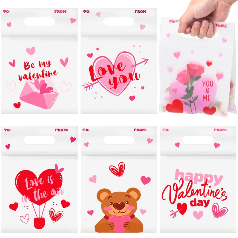 Hallswl 48Pcs Valentines Day Gifts Bags,Valentines Themed Plastic Bags Cellophane Candy Treat Goodie Bag for Valentineâ€™s Day Classroom School Kids Gift Exchange Party Favors - Image 1