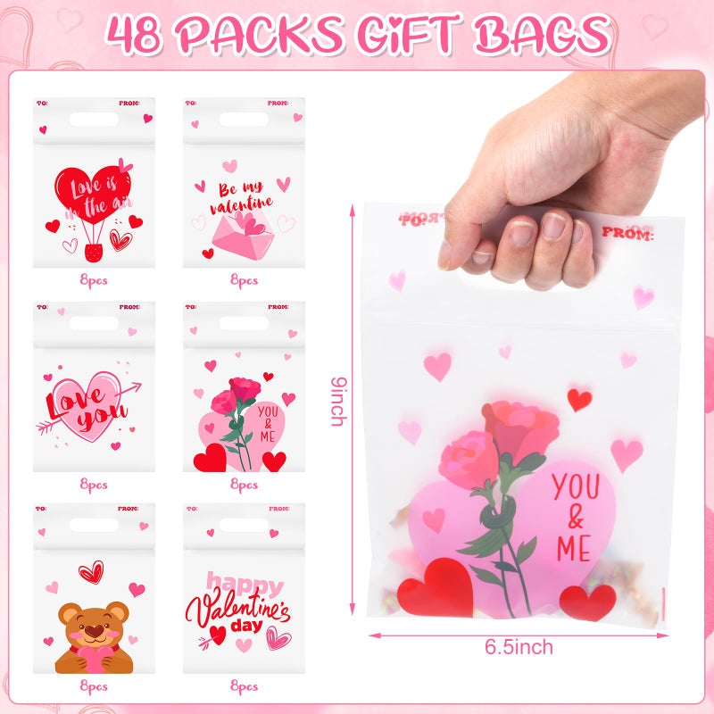 Hallswl 48Pcs Valentines Day Gifts Bags,Valentines Themed Plastic Bags Cellophane Candy Treat Goodie Bag for Valentineâ€™s Day Classroom School Kids Gift Exchange Party Favors - Image 2