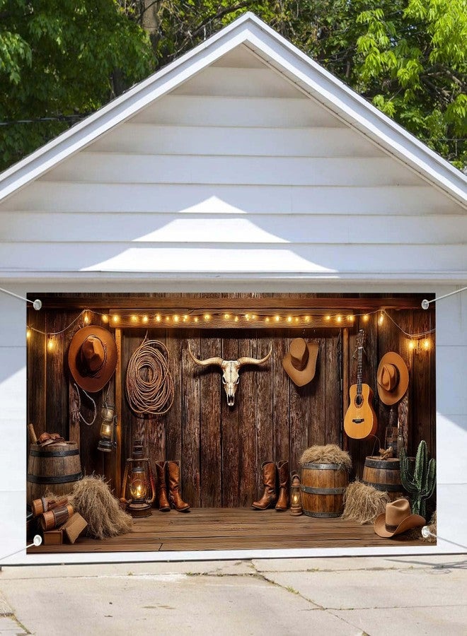 NYMB Western Cowboy Garage Door Cover Banner Decorations Backdrop Wild West Wooden Barn Door Garage Door Decorations Wild West Photographic Studio Photo Backgrounds Birthday Party Supplies (16X7FT) - Image 1