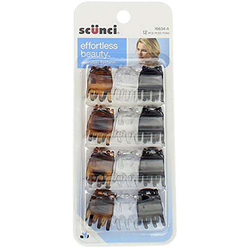Scunci Hair Clip, Chky, Size 12pc, 2.72 x 0.79 x 6.42 inches, 12 Count, Unisex, Adult, Modern, Solid, Plastic, Daily, Claw, Octopus, Hair Securing, Black, Brown - Image 1