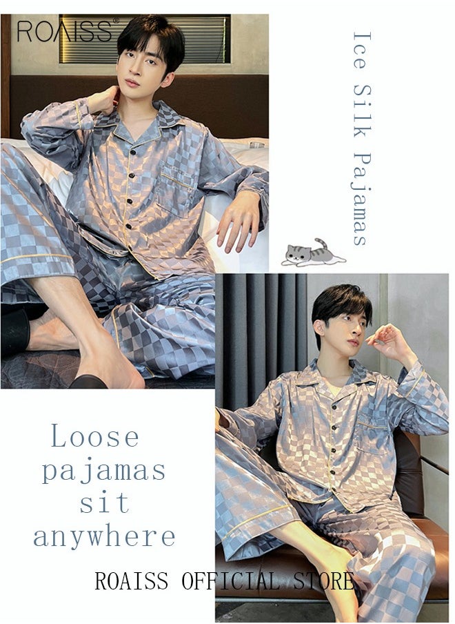 roaiss - 2-Piece Set Men's Long Sleeves Sleepwear Sets Satin Checked Printing Sleepwear Pajamas Pants Silk Nightgown Male Loose Shirts Spring Summer Loungewear Home Clothes - Image 1
