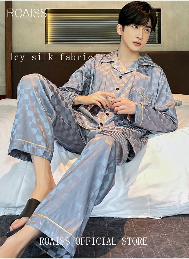 roaiss - 2-Piece Set Men's Long Sleeves Sleepwear Sets Satin Checked Printing Sleepwear Pajamas Pants Silk Nightgown Male Loose Shirts Spring Summer Loungewear Home Clothes - Image 1