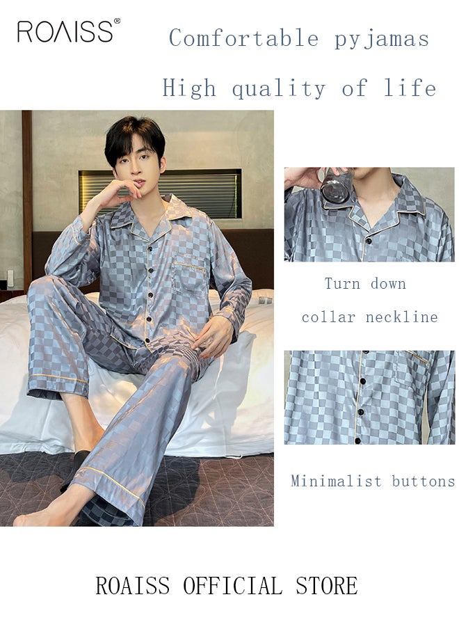 roaiss - 2-Piece Set Men's Long Sleeves Sleepwear Sets Satin Checked Printing Sleepwear Pajamas Pants Silk Nightgown Male Loose Shirts Spring Summer Loungewear Home Clothes - Image 1