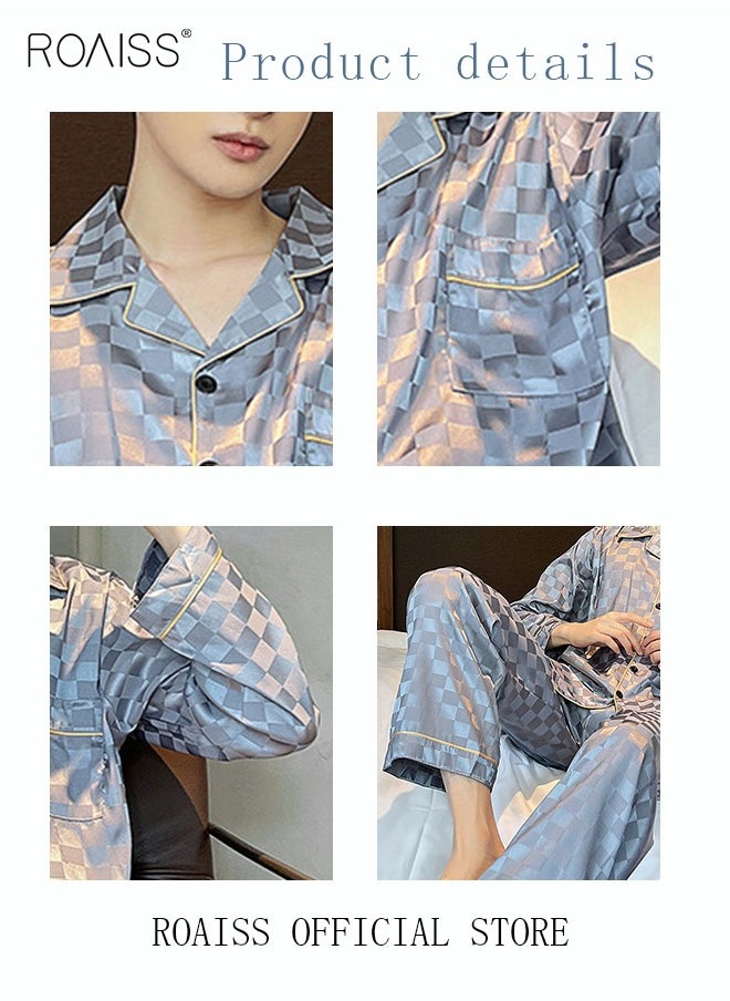 roaiss - 2-Piece Set Men's Long Sleeves Sleepwear Sets Satin Checked Printing Sleepwear Pajamas Pants Silk Nightgown Male Loose Shirts Spring Summer Loungewear Home Clothes - Image 1
