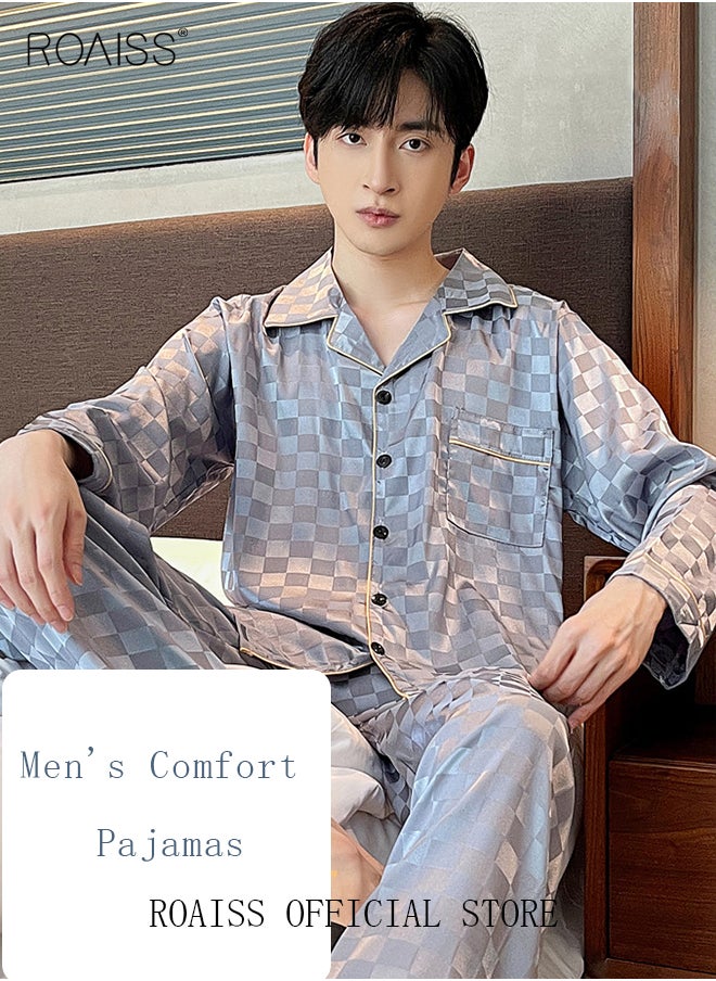 roaiss - 2-Piece Set Men's Long Sleeves Sleepwear Sets Satin Checked Printing Sleepwear Pajamas Pants Silk Nightgown Male Loose Shirts Spring Summer Loungewear Home Clothes - Image 1