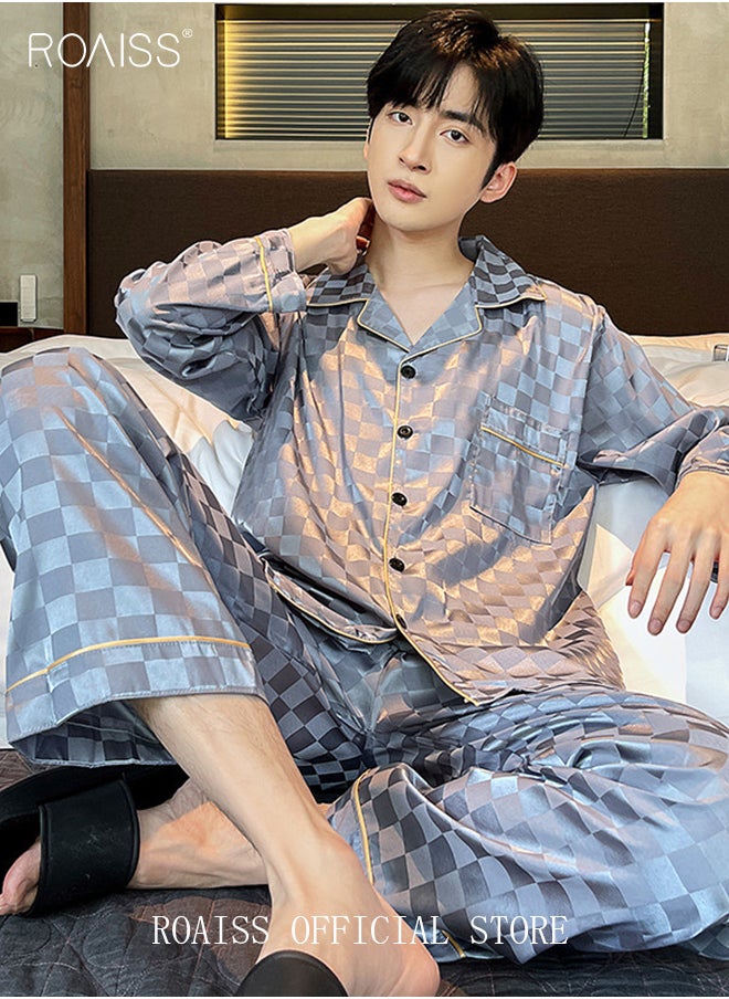 roaiss - 2-Piece Set Men's Long Sleeves Sleepwear Sets Satin Checked Printing Sleepwear Pajamas Pants Silk Nightgown Male Loose Shirts Spring Summer Loungewear Home Clothes - Image 1