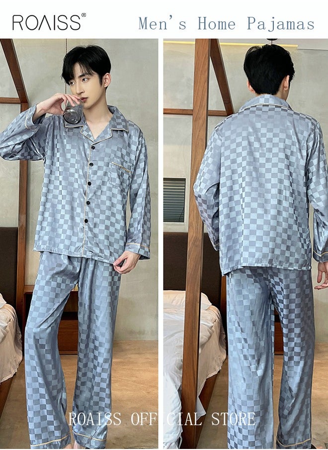 roaiss - 2-Piece Set Men's Long Sleeves Sleepwear Sets Satin Checked Printing Sleepwear Pajamas Pants Silk Nightgown Male Loose Shirts Spring Summer Loungewear Home Clothes - Image 1
