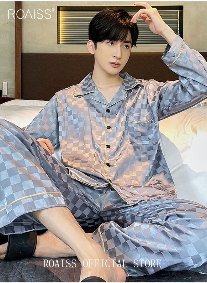 2-Piece Set Men's Long Sleeves Sleepwear Sets Satin Checked Printing Sleepwear Pajamas Pants Silk Nightgown Male Loose Shirts Spring Summer Loungewear Home Clothes - pzsku/ZCF95E2F579EE34196913Z/45/_/1714113381/fa85b67c-dc0a-4a84-9b5b-69372b1aa84c