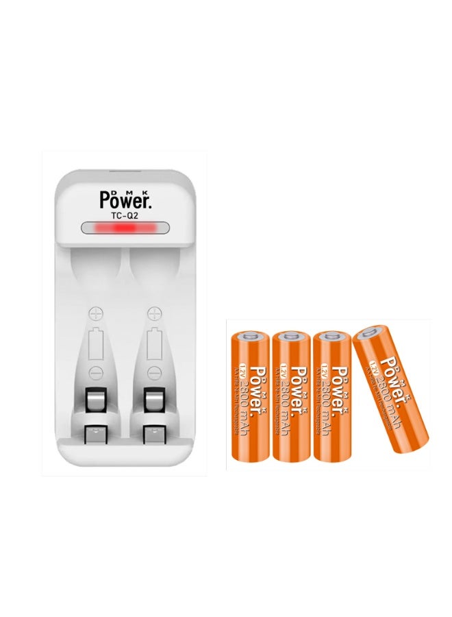 DMK Power بطاريات DMK باور AA القابلة لإعادة الشحن NiMH باللون البرتقالي (عبوة 4، 2800mAh، 1.2V) مع شاحن USB مزدوج - TC-Q2، للأجهزة AAA/AA