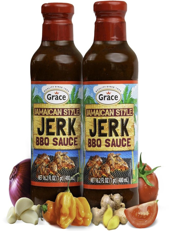 Grace صلصة باربكيو جريس الجامايكية بنكهة الجيرك 16 أونصة - عبوتين من توابل الجيرك الجامايكية، تتبيلة وصلصة غمس - أفضل صلصة باربكيو حارة -  - Image 1