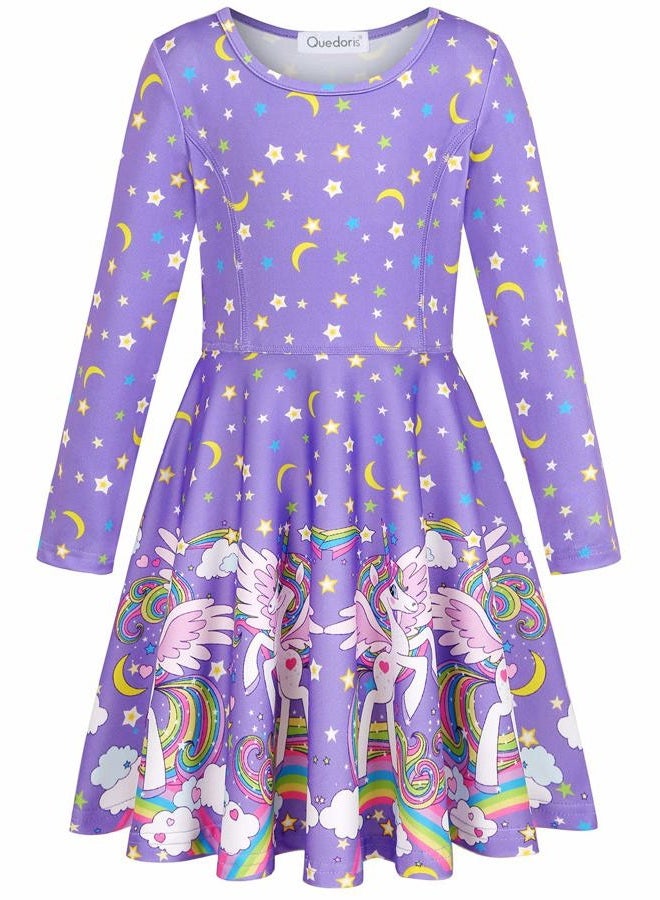 Quedoris Girls Dress Unicorn Printed Casual Party Twirly Dress Sky Unicorn L - Image 4