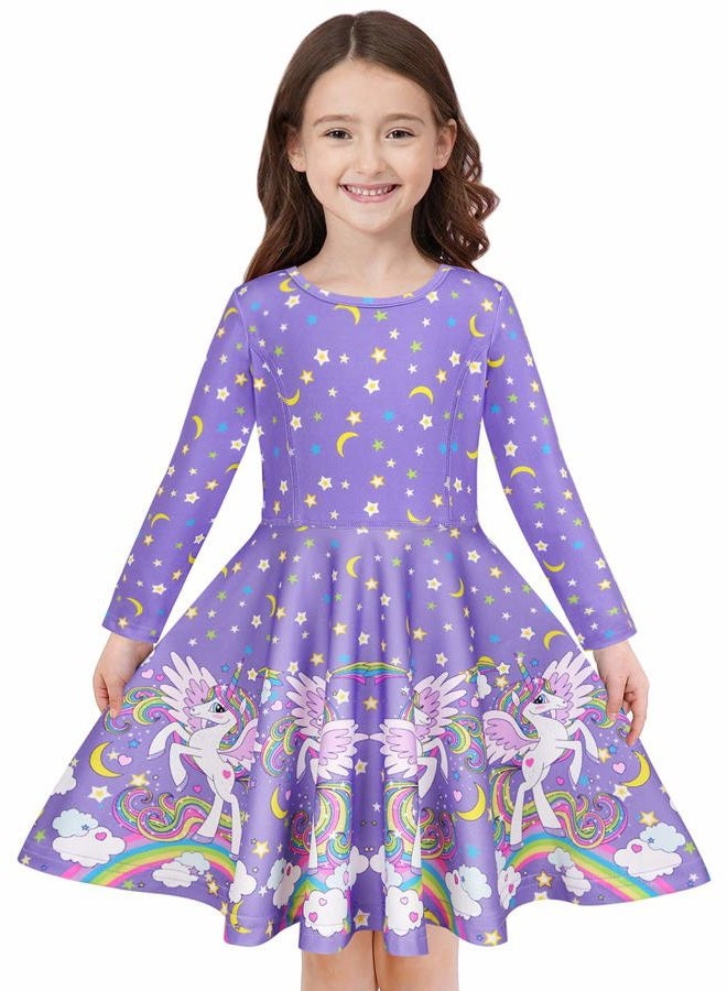 Quedoris Girls Dress Unicorn Printed Casual Party Twirly Dress Sky Unicorn L - Image 1