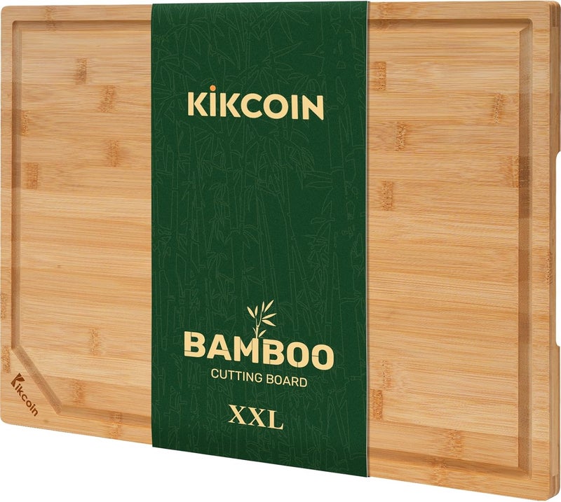 Kikcoin ألواح تقطيع الخيزران للمطبخ، لوح تقطيع خشبي كبير جدًا مع أخدود عميق للعصارة ومقبض، لوح تقطيع متين، كيك كوين، 20 بوصة × 14 بوصة - Image 1