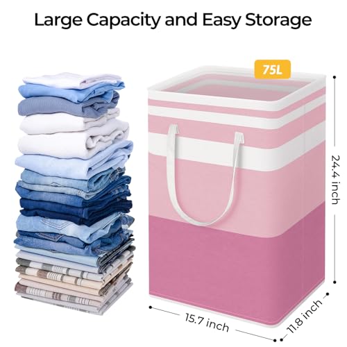 HomeHacks 2 Pack Large Laundry Baskets, Waterproof, Freestanding Laundry Hampers, Collapsible Clothes Hamper with Reinforced Handles in Laundry, College Dorm, Bathroom, Bedroom (Blue+Pink, 75Lx2) - Image 4