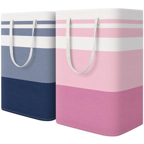 HomeHacks 2 Pack Large Laundry Baskets, Waterproof, Freestanding Laundry Hampers, Collapsible Clothes Hamper with Reinforced Handles in Laundry, College Dorm, Bathroom, Bedroom (Blue+Pink, 75Lx2) - Image 1