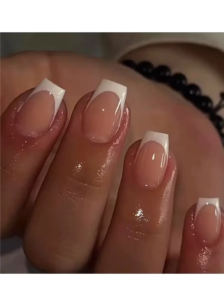 Gecomo White French Tip Nails, Nude Pink Press On Nails Solid Glue On Nails Full Cover Short Square False Nails For Women Girls Daily Wear 24pcs - Image 1