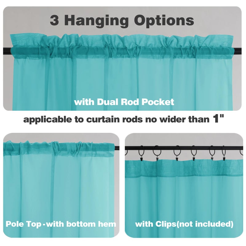 Chyhomenyc Sheer Turquoise Tier Curtains 24 Inch Length, Small Window Curtains Treatment for Bathroom Living Room Basement, Short Rod Pocket Cafe Curtain, 42W x 24L Inches, 2 Panels - Image 3
