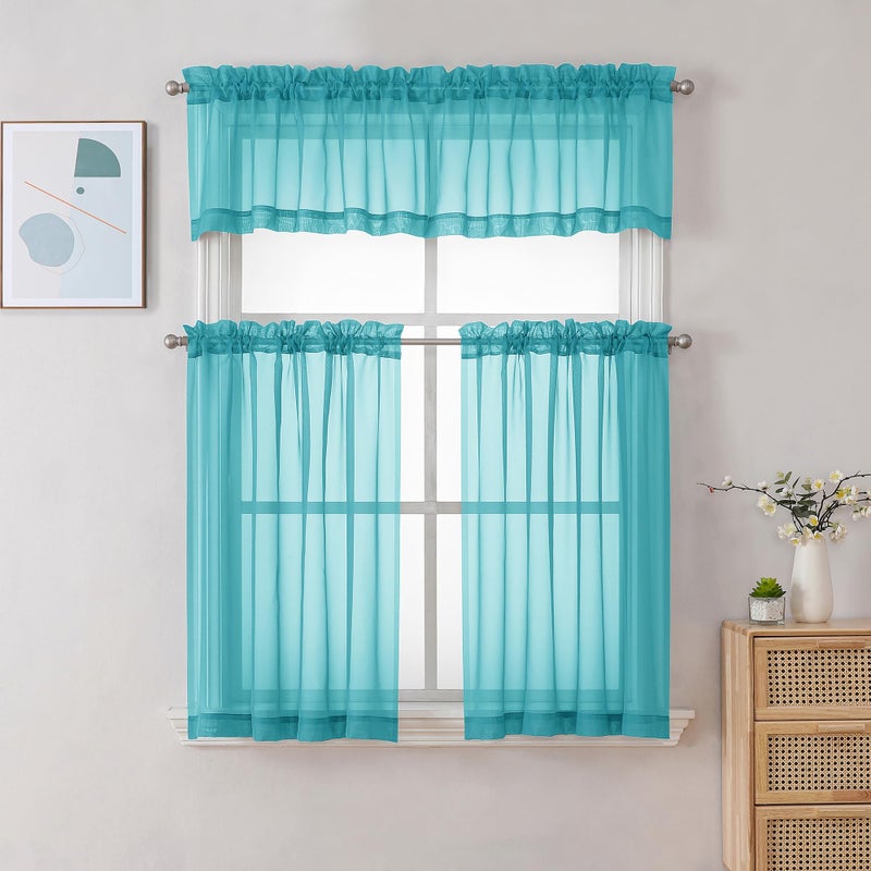 Chyhomenyc Sheer Turquoise Tier Curtains 24 Inch Length, Small Window Curtains Treatment for Bathroom Living Room Basement, Short Rod Pocket Cafe Curtain, 42W x 24L Inches, 2 Panels - Image 2