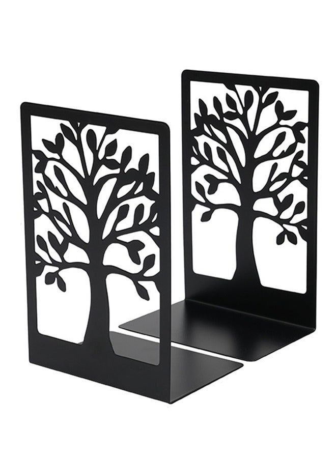 كيلا مساند كتب بتصميم شجرة نهايات الكتب بتصميم عصري للأرفف، حامل كتب غير قابل للانزلاق، تخزين كتب معدنية شديدة التحمل للكتب/الأقراص المدمجة، سدادة كتب مزخرفة للمنزل، 17.5 × 12 × 8.5 سم، أسود، 1 زوج/قطعتان - Image 1