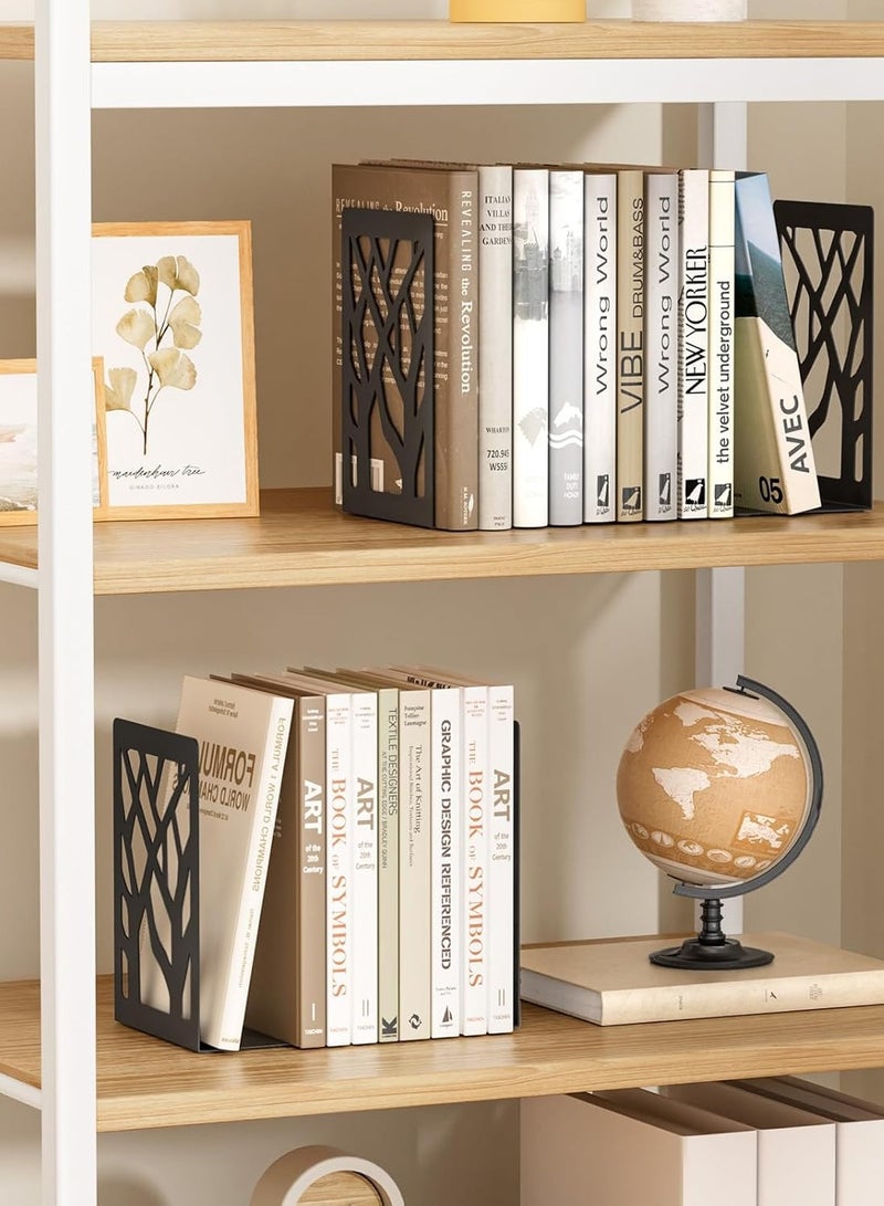 كيلا مساند كتب بتصميم شجرة نهايات الكتب بتصميم عصري للأرفف، حامل كتب غير قابل للانزلاق، تخزين كتب معدنية شديدة التحمل للكتب/الأقراص المدمجة، سدادة كتب مزخرفة للمنزل، 17.5 × 12 × 8.5 سم، أسود، 1 زوج/قطعتان - Image 2