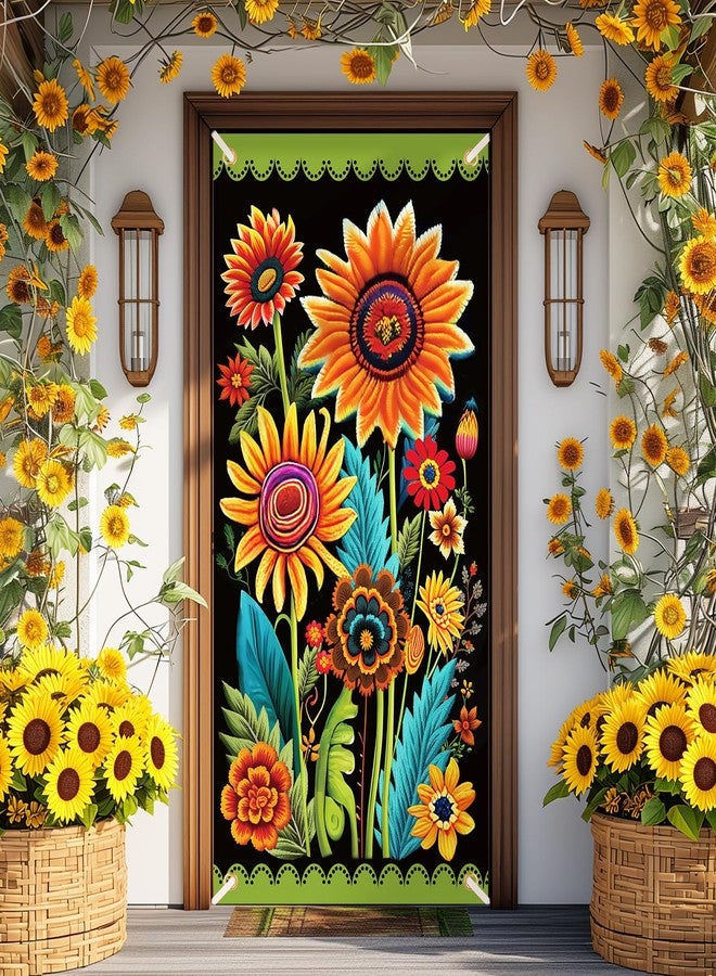 Yoirrat Spring Sunflower Door Banner - Black, Seasonal, Porch, Front Door Cover Background for Autumn, Fall, Outdoor, Home, Garden, Holiday - Image 1