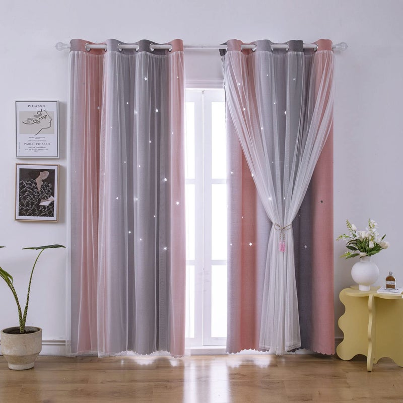 ZHUHAN Rainbow Ombre Star Cutouts Blackout Curtains for Girl Kid Nursery Bedroom and Living Room Decor Darken Double Layer Window Cute Grommet Curtains Soundproof (Pink Grey 52W X 72L 2- Panels) - Image 1