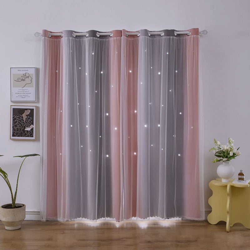 ZHUHAN Rainbow Ombre Star Cutouts Blackout Curtains for Girl Kid Nursery Bedroom and Living Room Decor Darken Double Layer Window Cute Grommet Curtains Soundproof (Pink Grey 52W X 72L 2- Panels) - Image 5