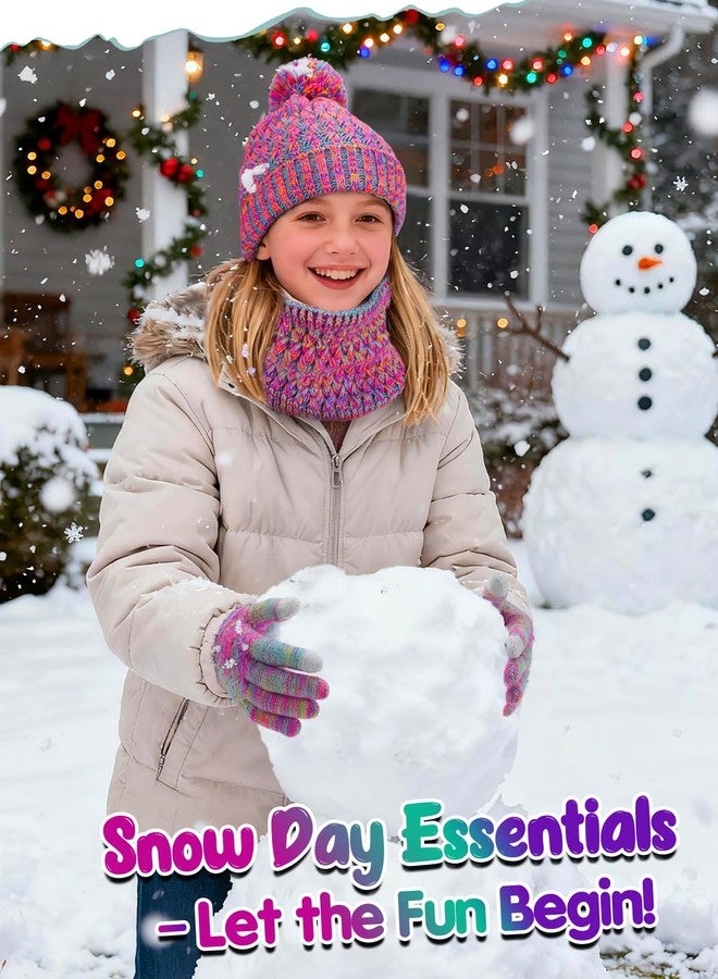 Beeplove Hat and Gloves for Girls - Teenage Winter Warm Soft Beanie Scarf Gloves Set with Pompom, Girls Gifts, Purple Red Mix - Image 4