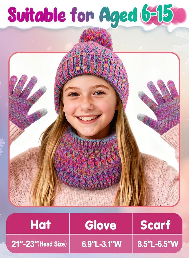Beeplove Hat and Gloves for Girls - Teenage Winter Warm Soft Beanie Scarf Gloves Set with Pompom, Girls Gifts, Purple Red Mix - Image 3