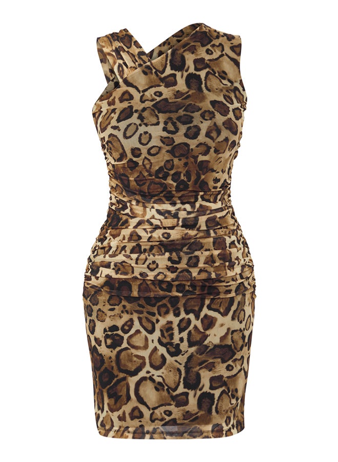 Multicolored Leopard Patterned Lined Tulle Knitted Short Dress