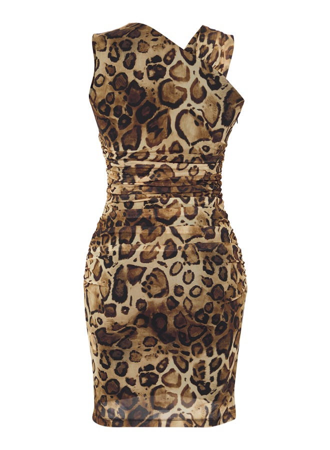 Multicolored Leopard Patterned Lined Tulle Knitted Short Dress