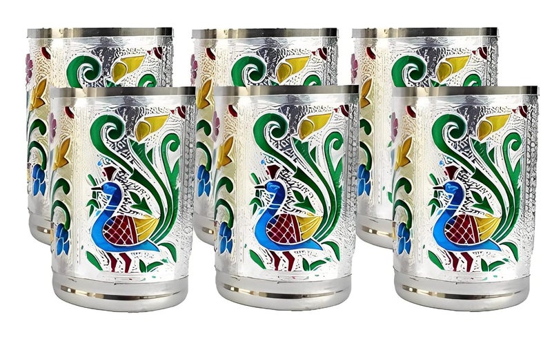 Dhavl Stainless Steel Handmade Meenakari Peacock Design Decorative Glass Set for Home Traditional Indian Style Stainless Steel Tumbler Gift Set Item Set of 6 Glass Silver Color - Image 1