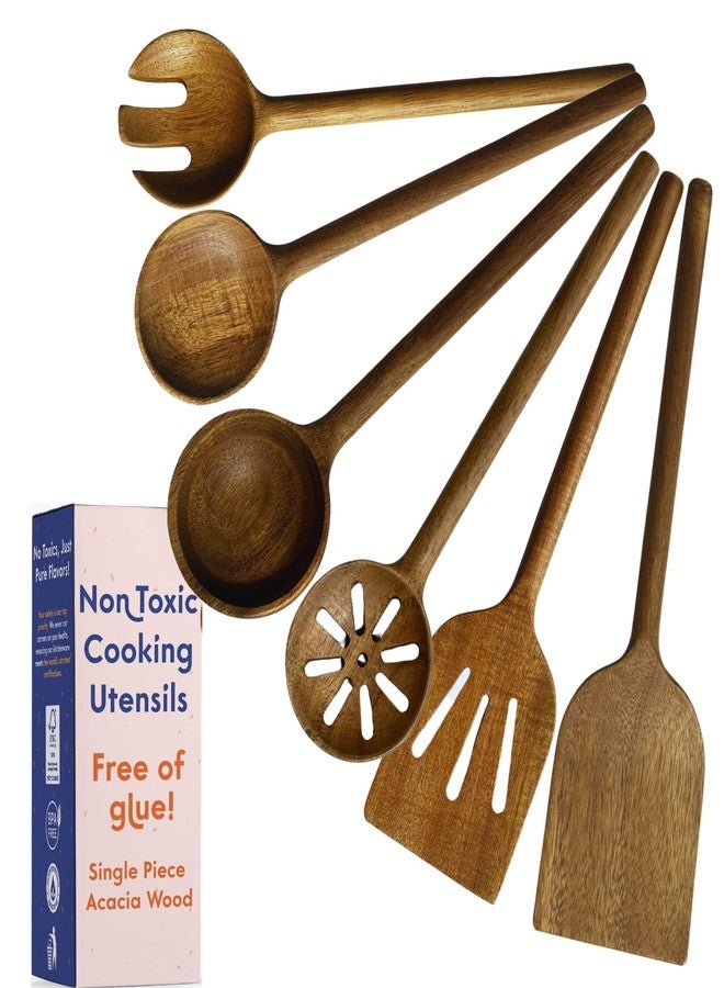 Ziruma Non-Toxic Cooking Utensils – 6-Piece Kitchen Utensils Set, Glue-Free & One-Piece Wooden Spoons for Cooking, Natural Wooden Utensil Set with Plant-Based Finish, Free of Forever Chemicals - Image 1