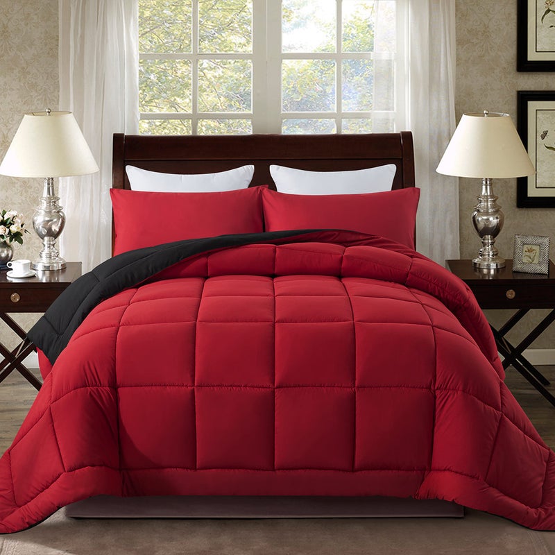 DOWNCOOL King Size Comforter Set All Season Bedding Comforters Sets with 2 Pillow Cases 3 Pieces Bed Set Down Alternative King Bedding Set RedBlack King Comforter Set102x90