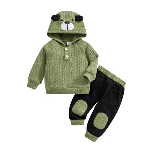 ODIMAME 9 Months Baby Boy's Clothing Toddler Fall Winter Clothes Long Sleeve Hooded Cute Dog Sweatshirt Tops Pocket Sweatpants Cute Infant Outfit Pale Green Set - Image 1