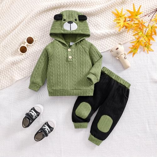 ODIMAME 9 Months Baby Boy's Clothing Toddler Fall Winter Clothes Long Sleeve Hooded Cute Dog Sweatshirt Tops Pocket Sweatpants Cute Infant Outfit Pale Green Set - Image 2