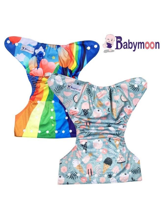 BabyMoon (Set Of 2) Reusable Cloth Diaper Premium Adjustable Size Waterproof Washable Pocket Cloth Diaper Nappie (Rainbow & Incecreamfires)  - Image 3